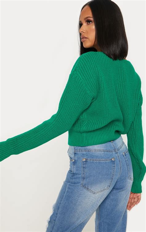 Emerald Green Slash Neck Crop Sweater Prettylittlething Ca