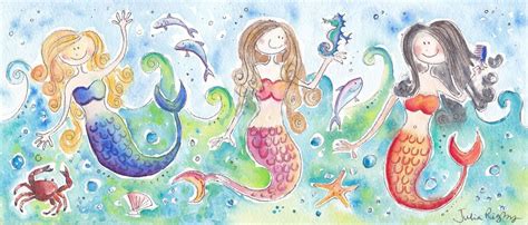 Three Mermaids Watercolour By Julia Rigby Artfinder