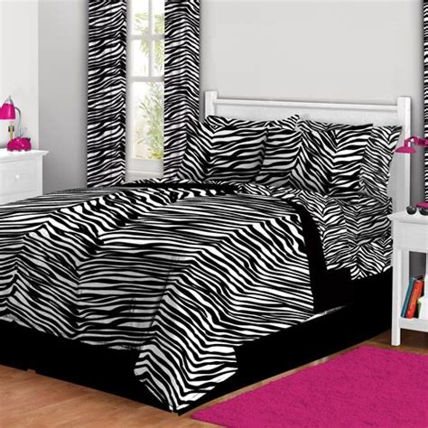 The purple bedding set comes with a comforter, a pillow sham, a flat sheet and at least one pillow case depending on its size. Latitude Zebra Print Complete Bed in a Bag Bedding Set ...