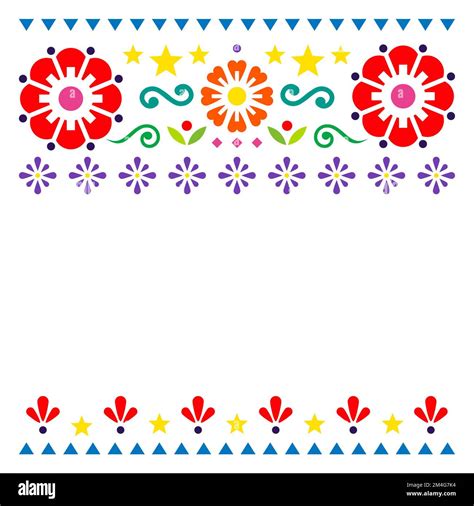 Mexican Flowers Pattern Retro Folk Art Style Vector Greeting Card Or