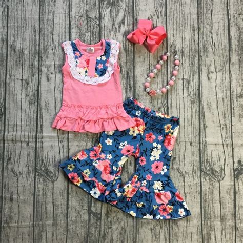 New Arrivals Baby Girls Summer Outfits Coral Navy Floral Print Ruffle