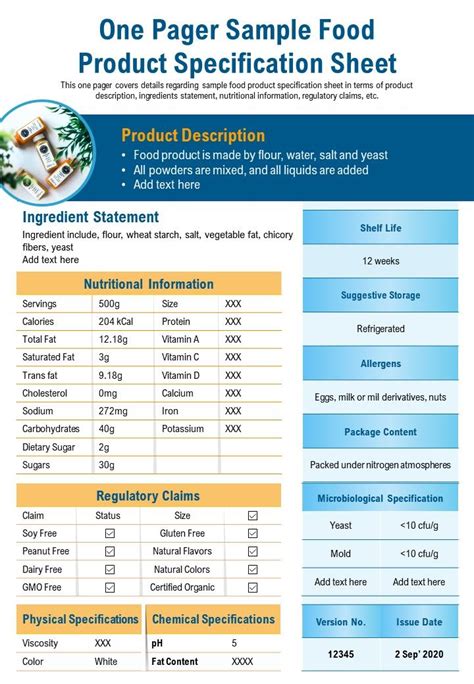 One Pager Sample Food Product Specification Sheet Presentation Report