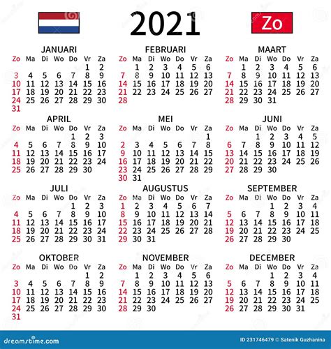 Dutch Calendar 2021 Sunday Stock Vector Illustration Of Calendar