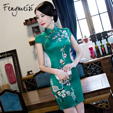 fengmeisi women cheongsam short qipao chinese style silk sexy green dress summer split floral
