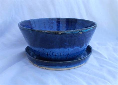 Pottery Planter With Plate Drainage Hole Large In Blue With Speckles
