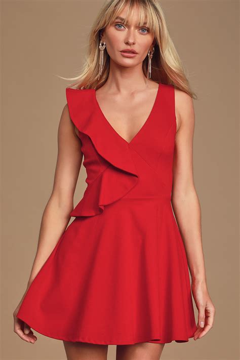 Cute Red Dress Ruffled Mini Dress Sleeveless Skater Dress Lulus