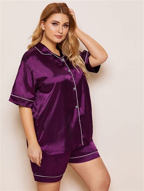 Plus Contrast Binding Satin Pajama Set Wear24 7 In 2020 Satin Pyjama Set Satin Pajamas