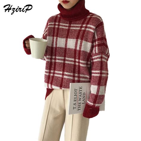 Hzirip Korean Fashion Women Pullovers Vintage Plaid Turtleneck Long Sleeve Thick Warm Knit