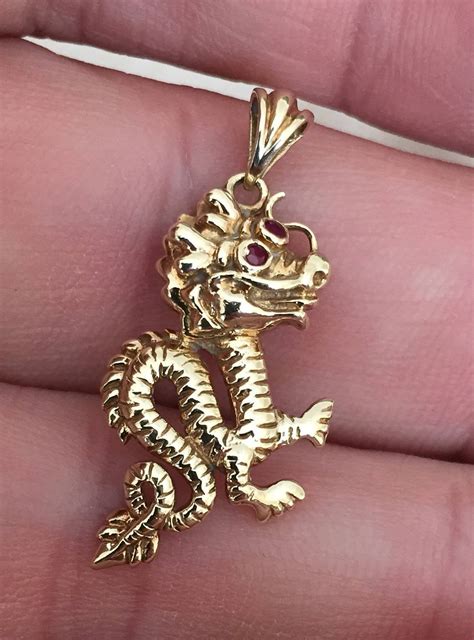 Stunning Vintage 9ct Gold And Ruby Chinese Dragon Pendant With Chain