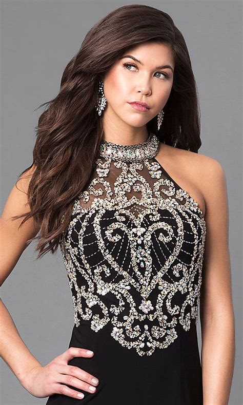Long High Neck Prom Dress With Embellished Bodice In 2020 Sparkly