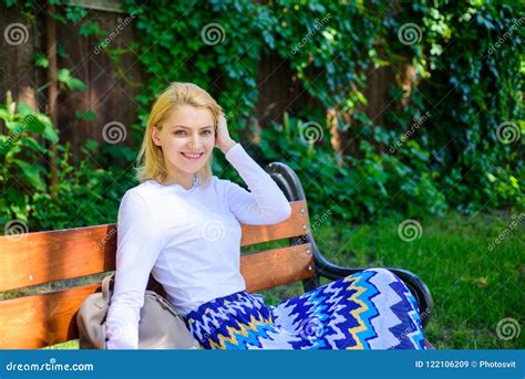 Time For Yourself Woman Blonde Take Break Relaxing In Park Girl Sit Bench Relaxing In Shadow