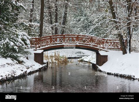 Bridge Covered With Snow Winter Wonderland Wroclaw Park Szczytnicki