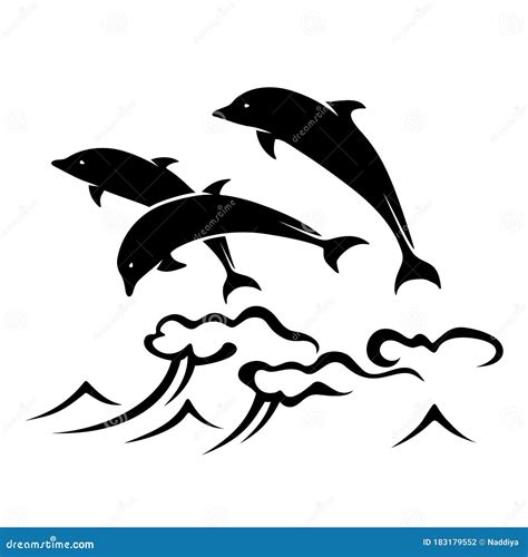 Three Dolphins Jumping Out Of The Ocean Waves Vector Black Silhouette