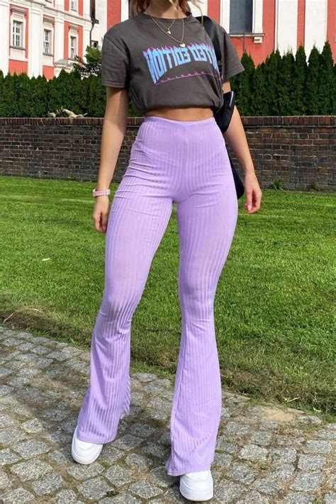 Purple High Waisted Ribbed Flare Pants Purple Pants Outfit Outfits With Leggings Clothes