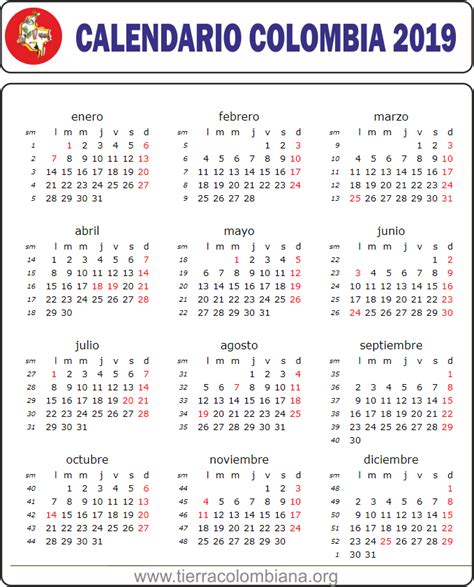 Calendario Ano 2019 Colombia