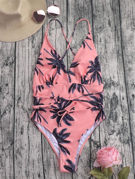 Tropical Print Criss Cross One Piece Swimsuit Pink Swimwear Swimwear Criss Cross Bra