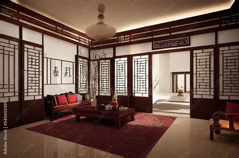 Interior Design Chinese Style For Living Area In Luxury House Or Hotel