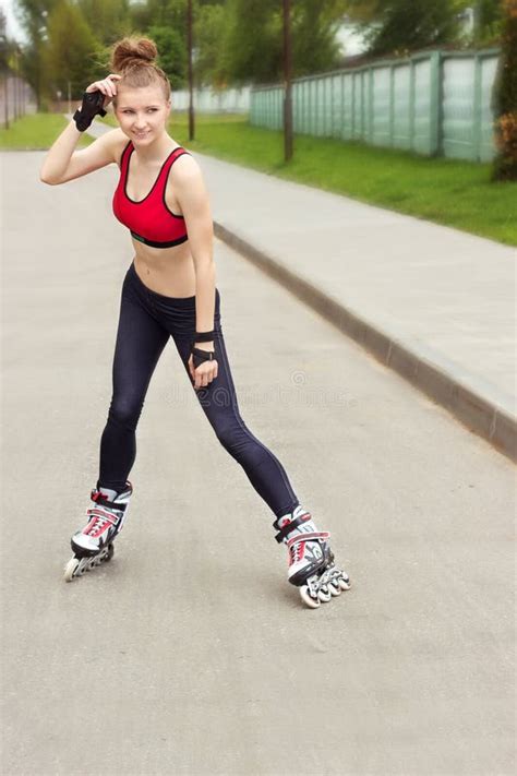 Roller Skating Girl In Park Rollerblading On Inline Skates Mixed Race