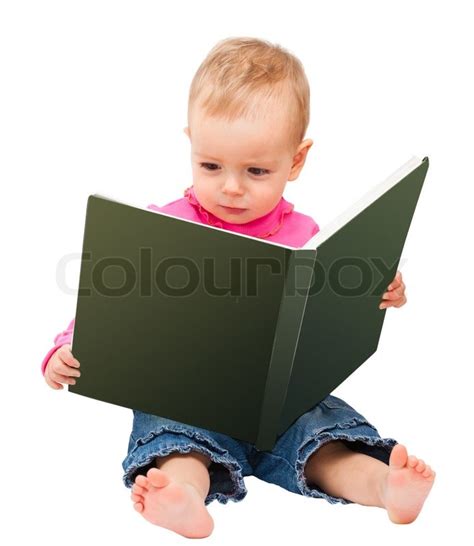 Adorable One Year Old Baby Reading A Book Isolated On White And Space