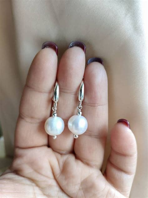 Small Pearl Dangle Earrings Sterling Silver Latch Back Etsy UK