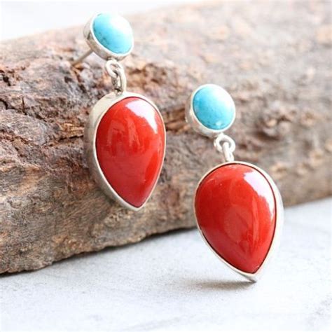 Buy Red Coral Turquoise Silver Pendant Earrings Set Artisan Set Online