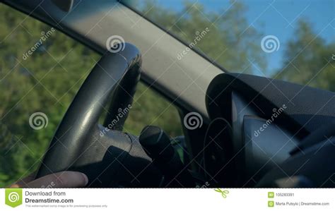 Inside A Car A Man S Hands On The Steering Wheel Stock Image Image