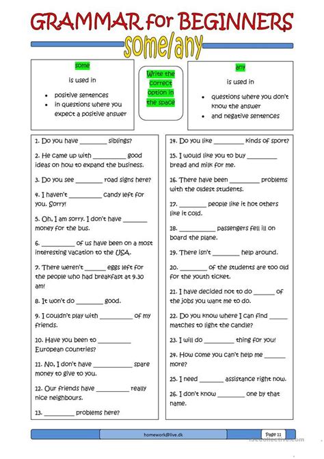 Grammar For Beginners Some Any English Esl Worksheets For Distance