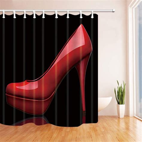 Artjia Creative Sex Woman Decor Red High Heels In Black Polyester Fabric Bathroom Shower Curtain
