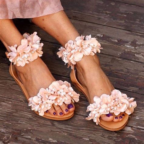Flat Sandals Flowers Handmade Beaded Rhinestones Pearl Flower Sandals