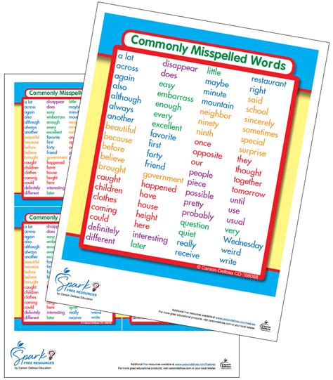 Commonly Misspelled Words Study Buddy Free Printable Carson Dellosa