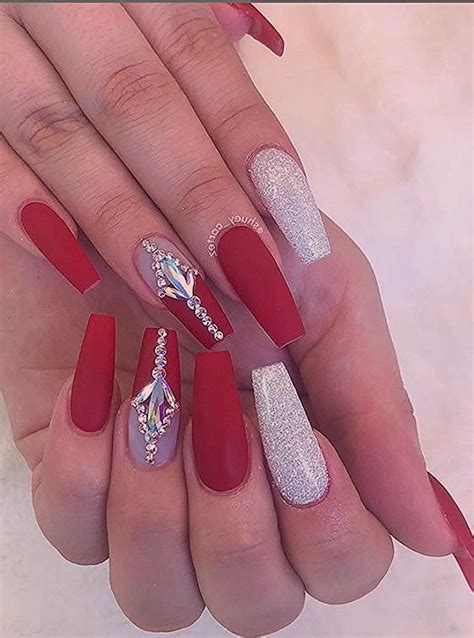 Bling Nails Red Acrylic Nails With Diamonds Bling Art False Nails Is