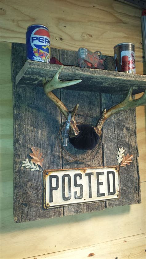 Rustic Whitetail Deer Antler Shelf With Vintage Posted Sign By