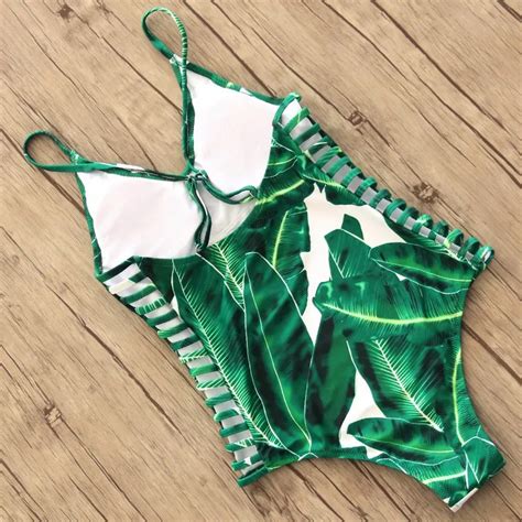 2018 Sexy One Piece Swimsuit Women Swimwear Green Leaf Bodysuit Bandage Cut Out Summer Beach