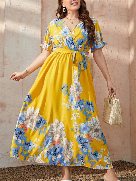 SHEIN Mulvari Plus Floral Print Puff Sleeve Belted Dress SHEIN USA
