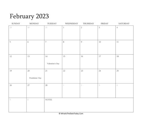 Editable Calendar February 2023 With Holidays Whatisthedatetodaycom
