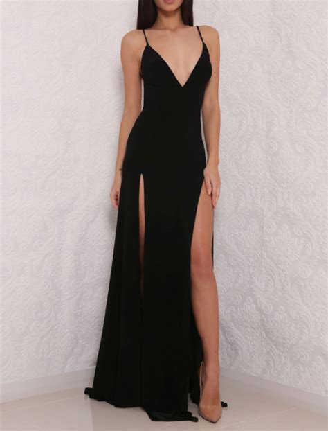 Sexy Backless Black Prom Dresshigh Slit Fancygirldress