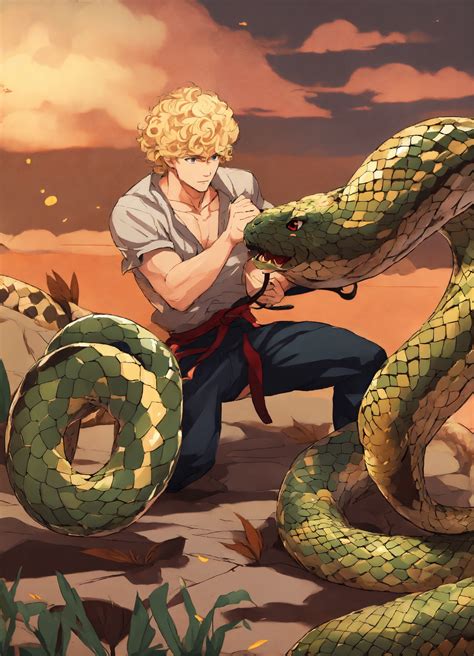 Lexica Blonde Curly Hair Man Fight A Snake Anime Style