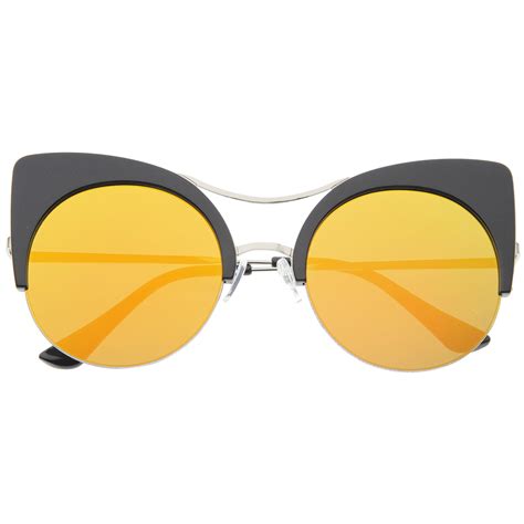 Sunglassla Unisex Womens Oversized Half Frame Semi Rimless Flat Lens Round Cat Eye Sunglasses