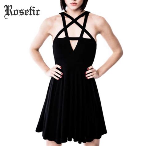 Rosetic Women Sexy Dress Black Pentagram Gothic Mini Dresses Spaghetti Strap Dark Sexy Party
