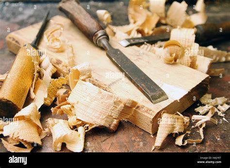Old Wood Chisels With Shavings On The Workbench Stock Photo Alamy