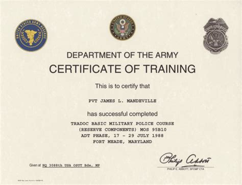 Army Reserve Military Police School Certificate