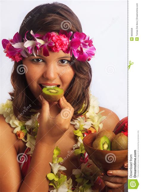 Portrait Of A Hawaiian Girl With Flower Lei Stock Photo