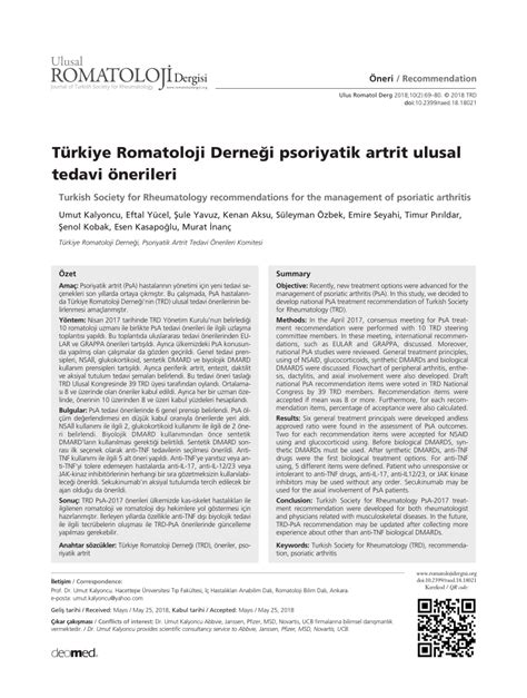 Pdf Turkish Society For Rheumatology Recommendations For The