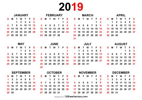 Yearly Calendar 2019 Free Vector By 123freevectors On Deviantart