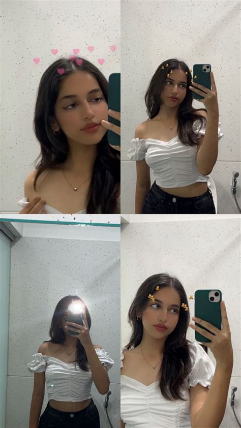 Four Photos Of A Woman Taking A Selfie In The Mirror With Her Cell Phone