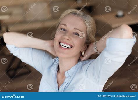 Portrait Of Cheerful Mature Woman Stock Image Image Of Adult Hands