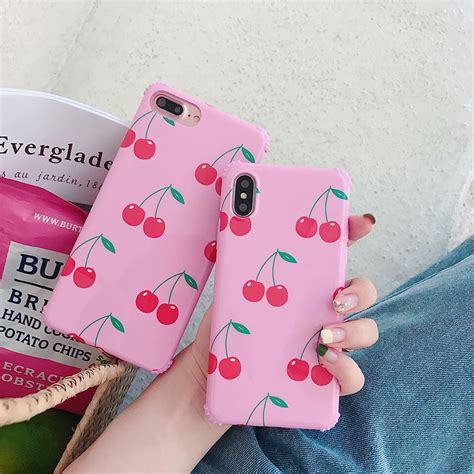 Pink Cherry Back Cases For Iphone 6 7 8 Plus Silica Gel Phone Case For