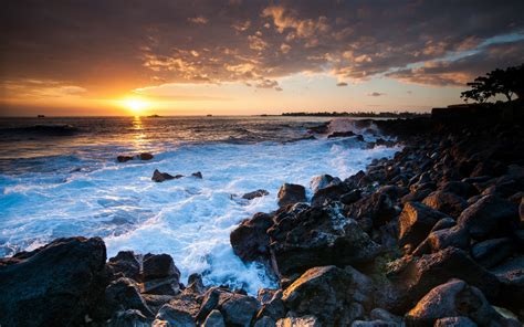 Landscapes Shore Coast Ocean Sky Sunset Waves Wallpaper