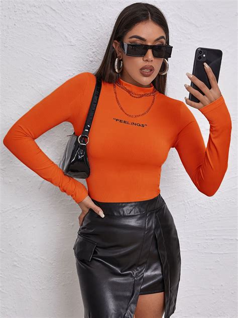 orange casual collar long sleeve fabric letter embellished high stretch spring women clothing