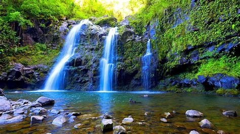 Wonderful Triple Waterfalls Rocks Moss Pool Waterfalls Hd